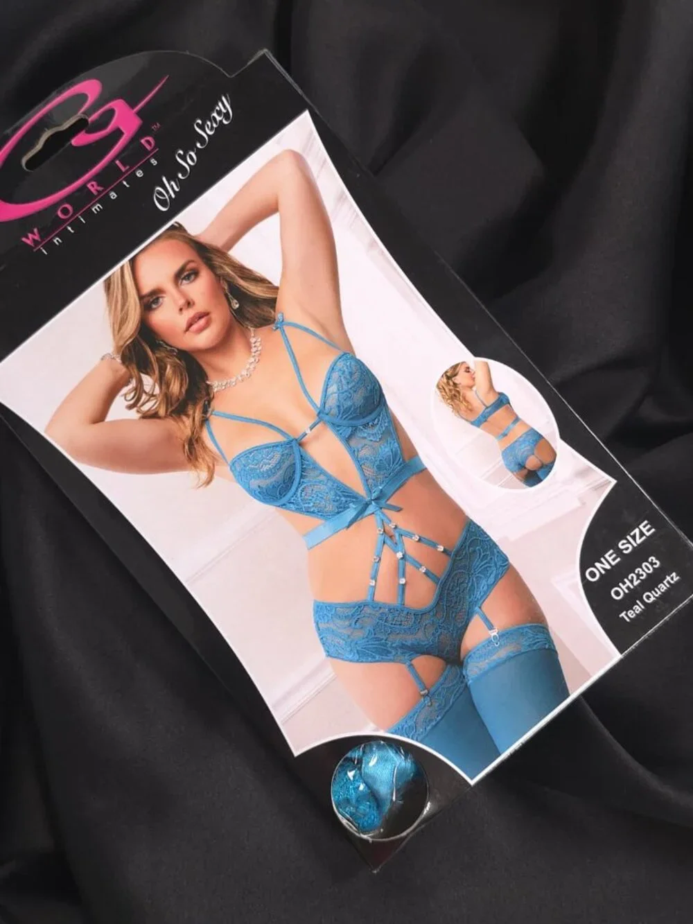 G WORLD Intimates Teal Quartz 2-Piece Cutout Strappy Garter Teddy Stockings